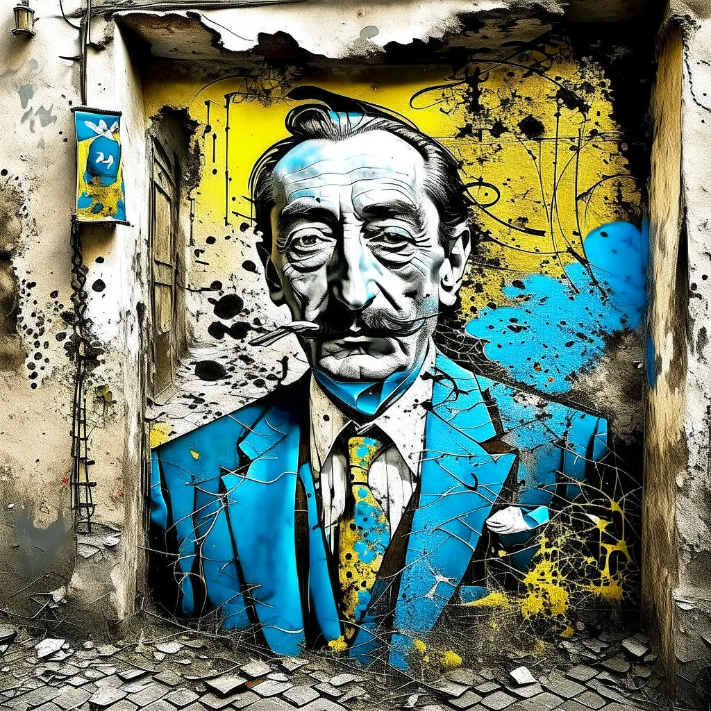 Candid photographs of the painter Salvador Dali with the famous mustache on a wall in an alley of an ancient town, in a combined art style of generative art, calligraphic lines, rust debris, peeling yellow and blue paint, black and white portraits, distorted figures.