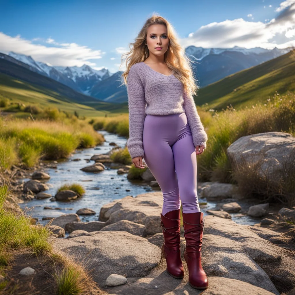 country side ,blue sky , mountains, pretty clouds ,small rocky river with clear water small rocks in floor,beautiful 18 year old girl with ash blonde hair and blue eyes with her curvy hair down, wearing a long-sleeved woollen top, and lilac long leggings, with long red boots full body standing pose shot