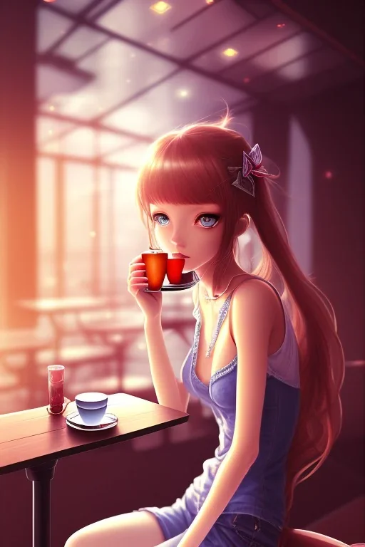 girl sitting in a cafe, anime