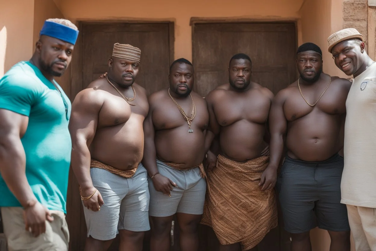 group of big stocky black muscular men from Niger , tank top, bulging shorts, inside a modest living room, queuing in front of the door of a room