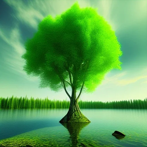 beautiful green Tree, in front of a lake, photorealistic