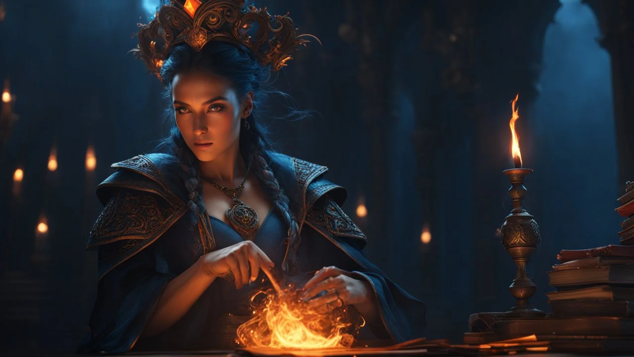 18 year old female sorcerer. evil. black smoke. blue. orange. exquisite realism, a masterpiece, fantasy concept art, dynamic lighting, hyperdetailed, intricately detailed, deep color, Unreal Engine, volumetric lighting , Epic cinematic brilliant stunning intricate meticulously detailed dramatic atmospheric maximal,