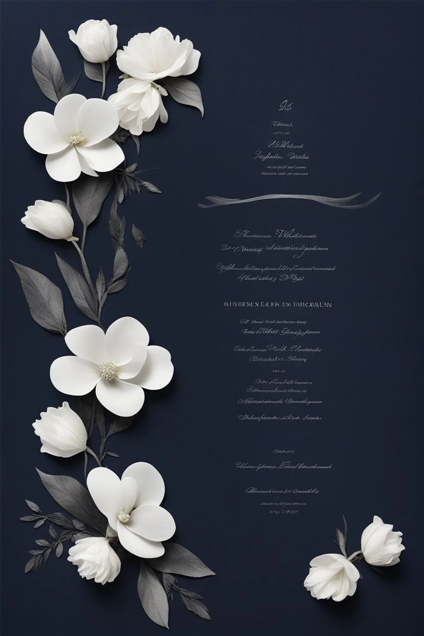 An extremely formal, funeral program for a black man on darkest blue deeply pigmented velvet paper with brilliant, brightest heavy white fonts, simple, minimalistic, less element, very dramatic lighting, detailed, white flowers,