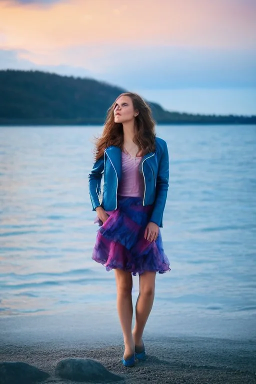 half body shot,realistic portrait of a 20-25 old caucasian model, long blue pink flowing hair, great grey eyes, blue leather jacket,full body, short white skirt,long legs,standing at beach of very nive lake with sunset ,clouds,godrayes