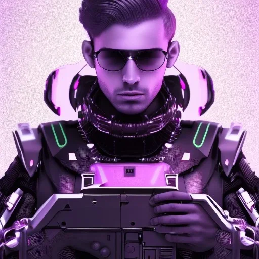 cute man, handsome man in futuristic suits, black and white highlight hair color, pink and purple background, pink lighting, deep purple backlighting, gun, smoke, robot suits