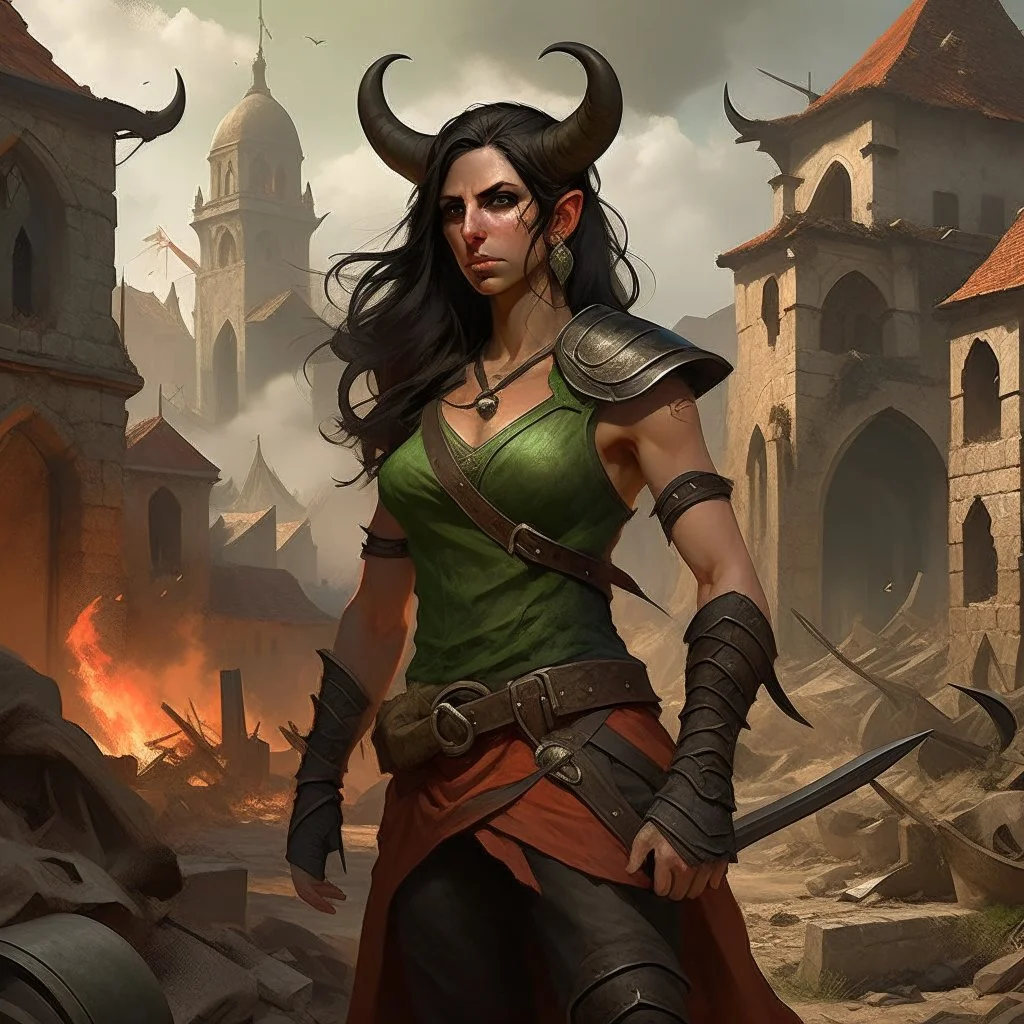 a beautiful tiefling women with dark hair in a sleeveless battle outfit, amidst the ruins of a medieval town destroyed by war