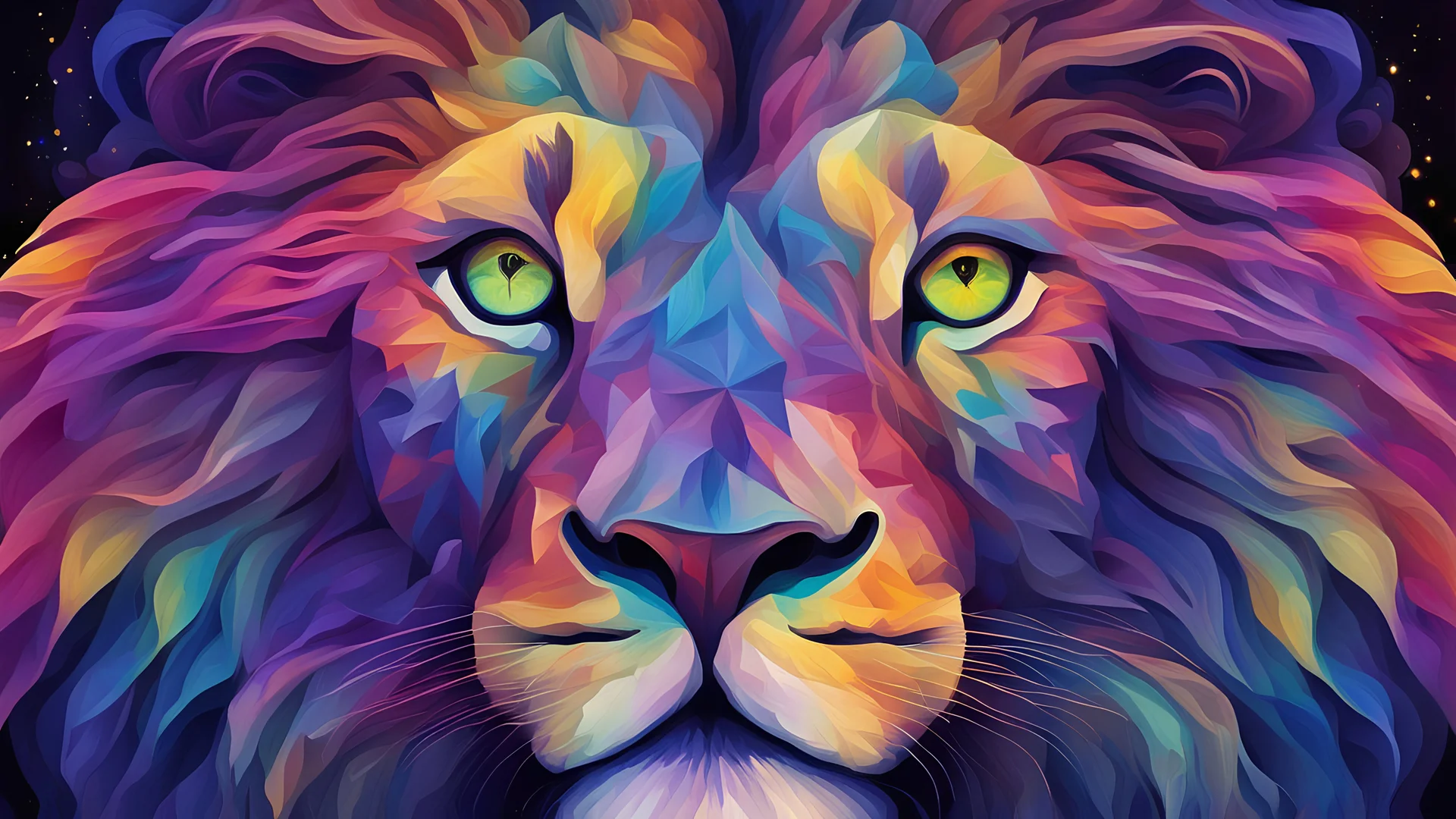 A mesmerizing abstract portrait of a lion face, where her eyes, nose, and lips are vividly depicted in a kaleidoscope of colors. The eyes sparkle like a night sky filled with fireflies, while the nose and lips showcase a vibrant dance of purples, blues, reds, greens, and yellows. The silhouette of the face houses a dreamlike landscape of a forest, evoking a sense of ethereal wonder. The background is a swirl of dark and intense hues, reflecting a chaotic and dynamic environment. The overall m