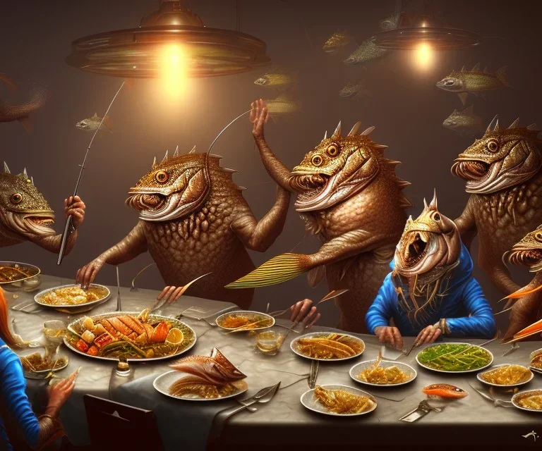 supper, fish sit at the table and eat pieces of people.