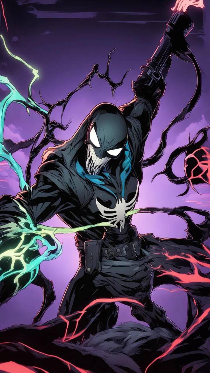 Mix between venom symbiote and Reaper in solo leveling shadow style with neon glowing blue