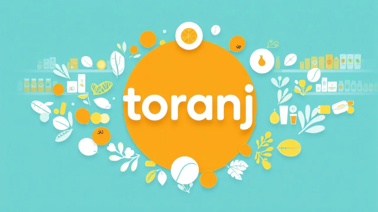 A beautiful design with the word "toranj" in the middle, surrounded by items available in the supermarket, with a theme of orange, moon, blue, and white, with light, amazing, and attractive colors.