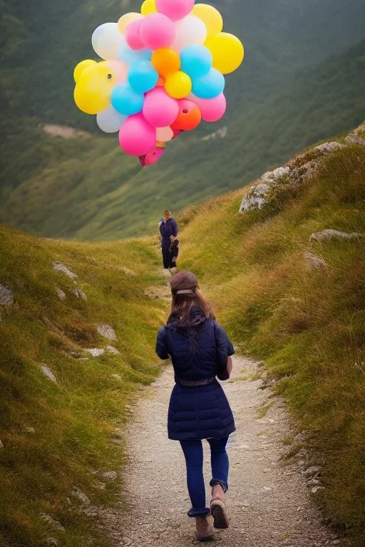 A beautiful girl walking along a mountain path, walking against the wind with balloons in her hand. nature, HD photography, Galen Rowell, David Muench, perfect composition, gloss, hyperrealism