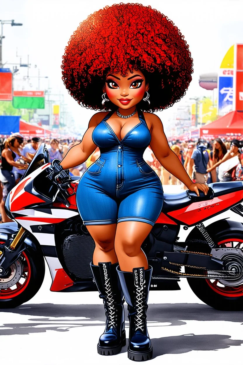 abstract art illustration of the chibi cartoon character, a voluptuous black female in a blue jean outfit with biker boots. Her prominent makeup and hazel eyes, along with her detailed red curly tight afro, are featured in this image, set against the background of a lively bike show. ink wash