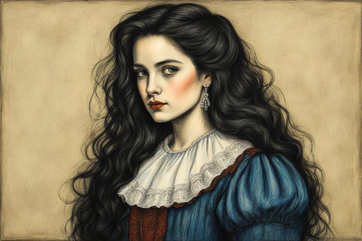 create a 3/4 profile full body oil pastel of a dark haired, , raggedly dressed, savage Romanian vampire girl with highly detailed , sharply defined hair and facial features , in the style of JEAN-FRANCOIS MILLET and MARY CASSATT