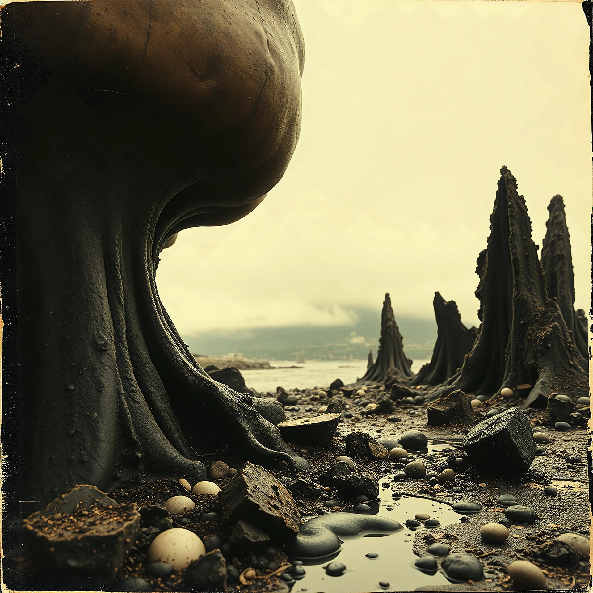 Photography polaroid close-up of a random landscape with massive odd Yves Tanguy incomprehensible style Surrealism, glossy, organic, creepy tumor mass growing, strong texture, fiotti di liquido nero, horror, panic, obsessive, hypnotic