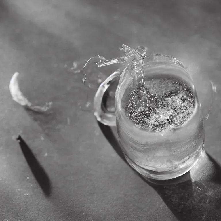 a photo of a cigarette stubbed out into a tea bag in a water glass, 100mm lens, f/4, soft light, photo realistic, ultra high resolution, white curtain in background