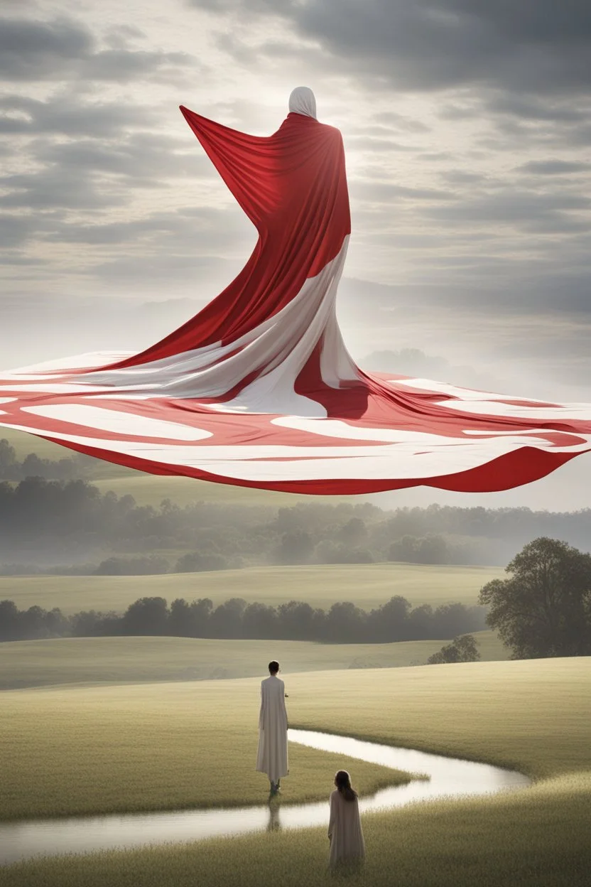 Giant massive huge in stature, majestic entity, hovering and floating over a large field landscape. the entity wears a white and red draped fabric that has printed on the material resembling stars. the fabric has also technological elements. you can see how big it is compared to a tiny human standing in front of it