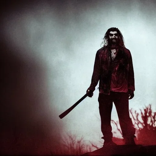 Zombie Jason momoa, dramatic light, cityscape, twilight, dystopian setting, high contrast, cinematic