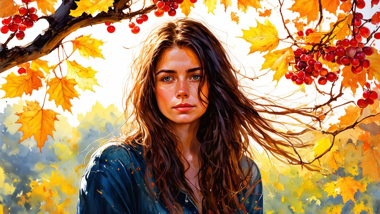 surrealism, Autumn, sunny day, Portrait of a sad beautiful woman with loose hair, atmosphere of mystery, fantasy and magic, berries, hyperdetail, hyperrealism, watercolor, ink, retro, vintage,