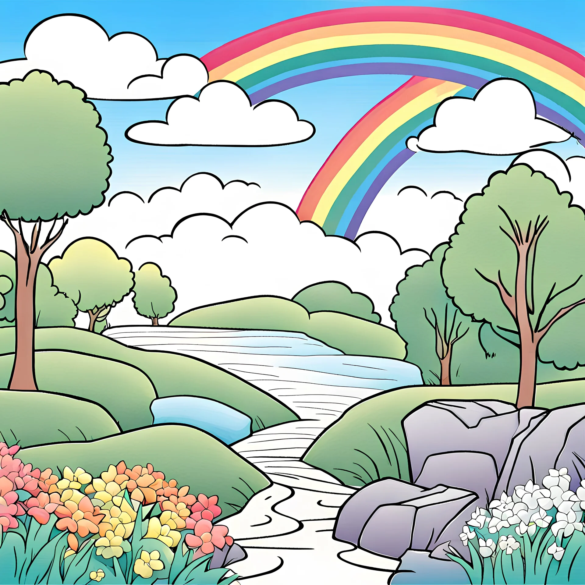 coloring page of A rainbow stretching across the sky after a refreshing rain shower ,line art landscape,stone,cute flowers,cute trees, much details, dark outlines,vector --ar 2:3