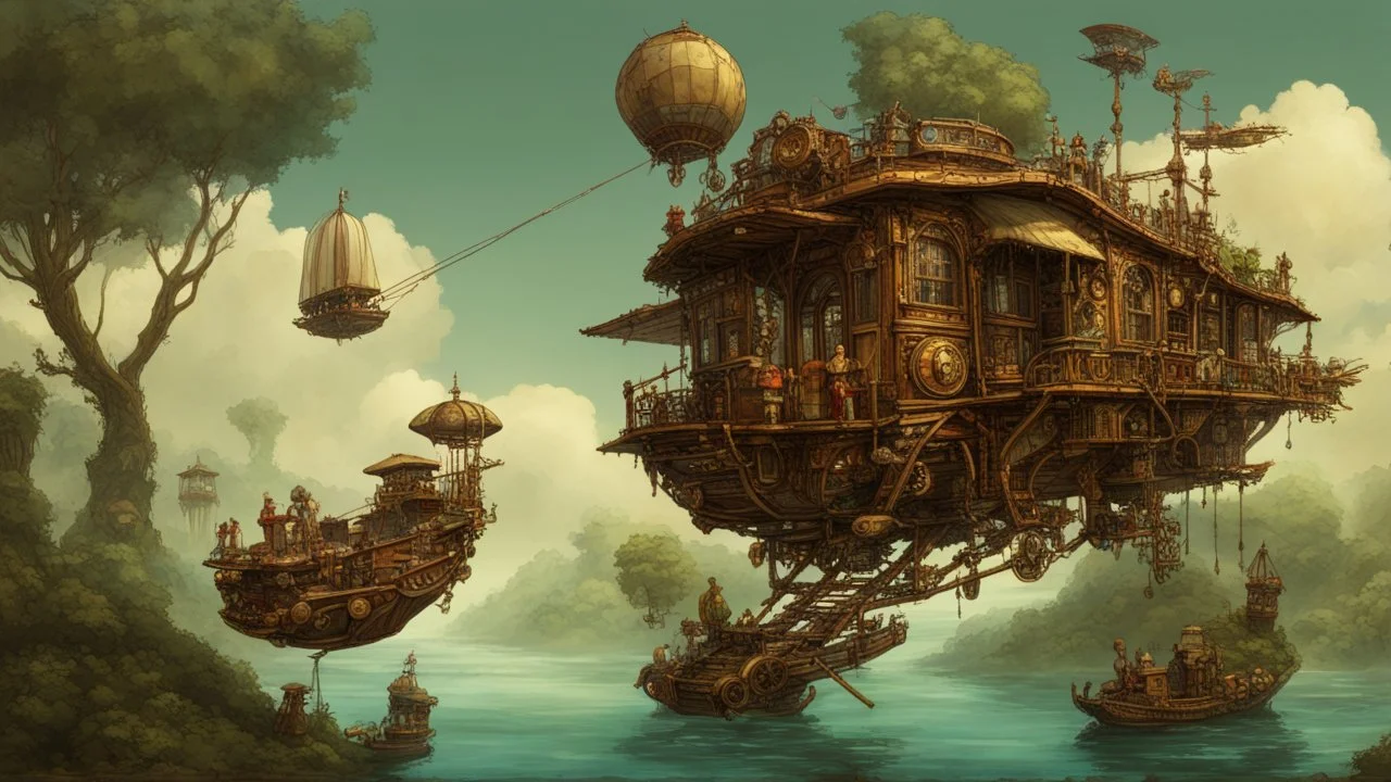 steampunk gipsy caravan crossed with a boat flying high over a jungle with platforms, verandas, and people, intricate