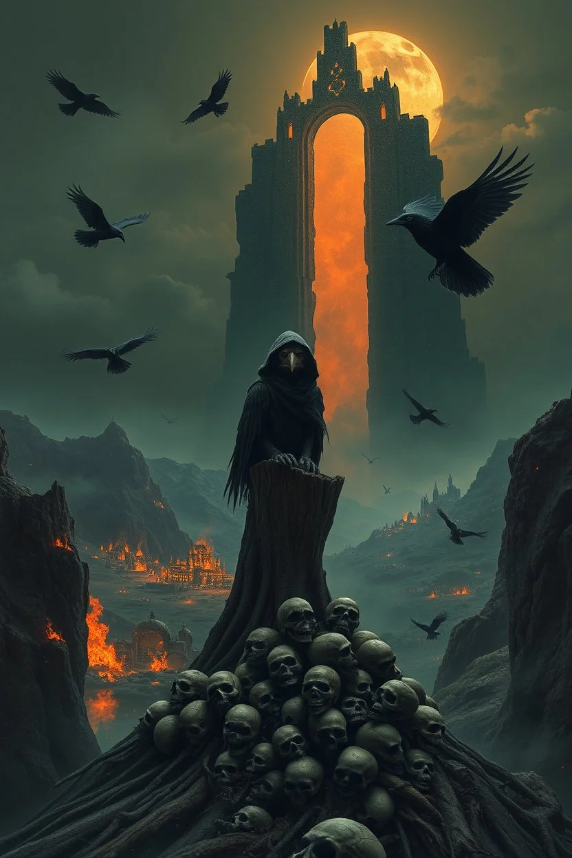 a weird bird-man creature in dark hooded and hat sitting on top of a tree stump, pile of skulls under his feet, under in valley a ruins city with fires and ash and bones, dark deep colors, style by Vincent Lefevre, El Kazovszkij, and Lovecraft , black ravens fly on the dakr sky, nightmare, dark dream of the end the world, in the background floating a tall dark magic gate into after-life, surreal weird art, cinematic