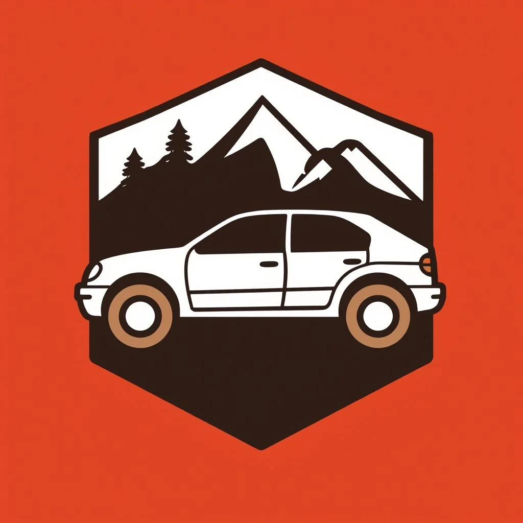 logo for a shop that repairs automobiles, installs tires and does oil changes, but doesn't show an automobile inside a hexashield shape, in the style of national parks stickers