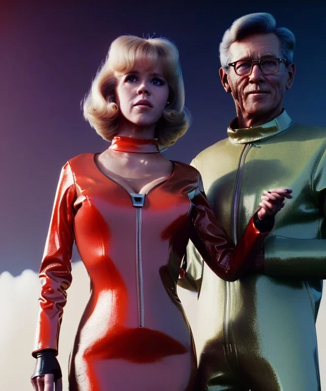 Ultra Realistic retro sci-fi image from 1960, sweet young woman Jane Fonda with a man, dress with tight latex coat and retro glass helmet, Retro sci-fi style, soft color, highly detailed, unreal engine 5, ray tracing, RTX, lumen lighting, ultra detail, volumetric lighting, 3d, finely drawn, high definition, high resolution.