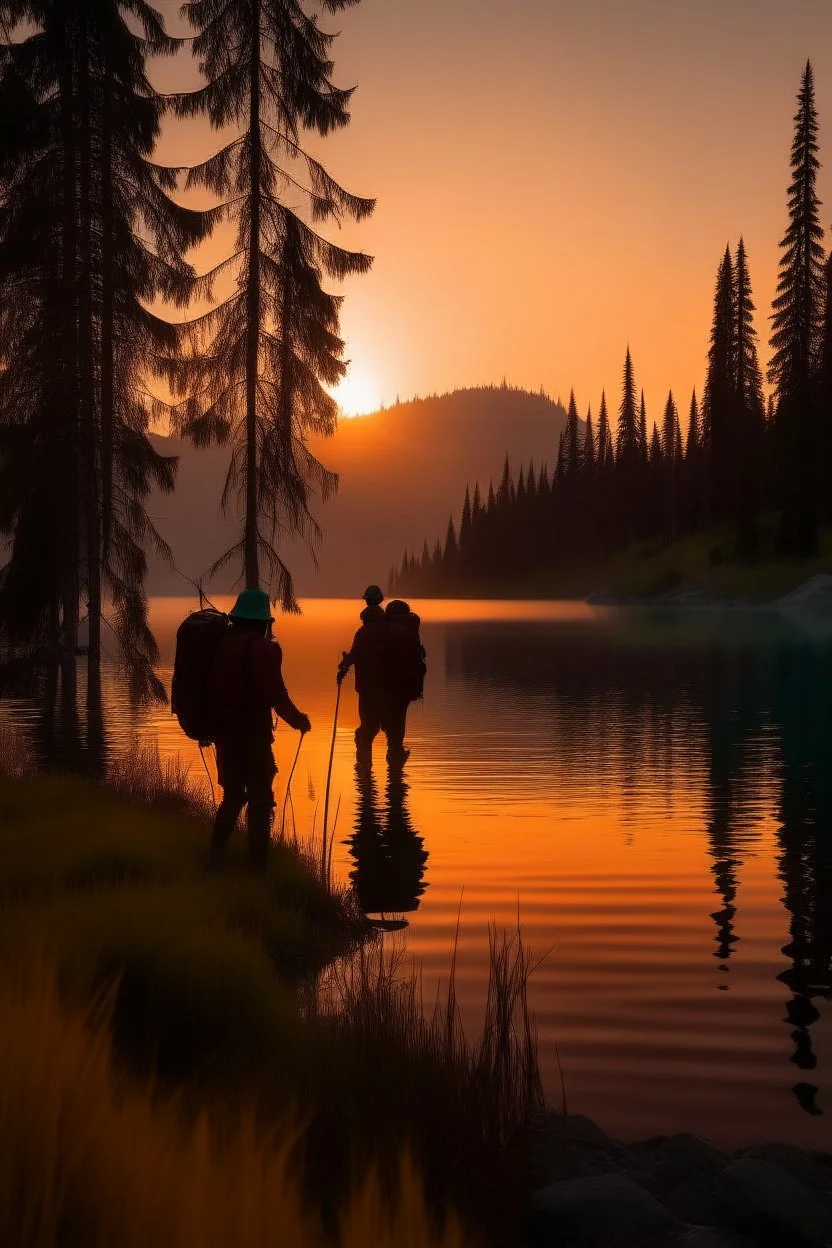 Two silhuet hikers walking near a lake in the forest, in a mountaion setting in sunset