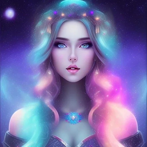 beautiful woman with long hair and smile look the stars and northern aurora blue turquoise lights, blue, pink,