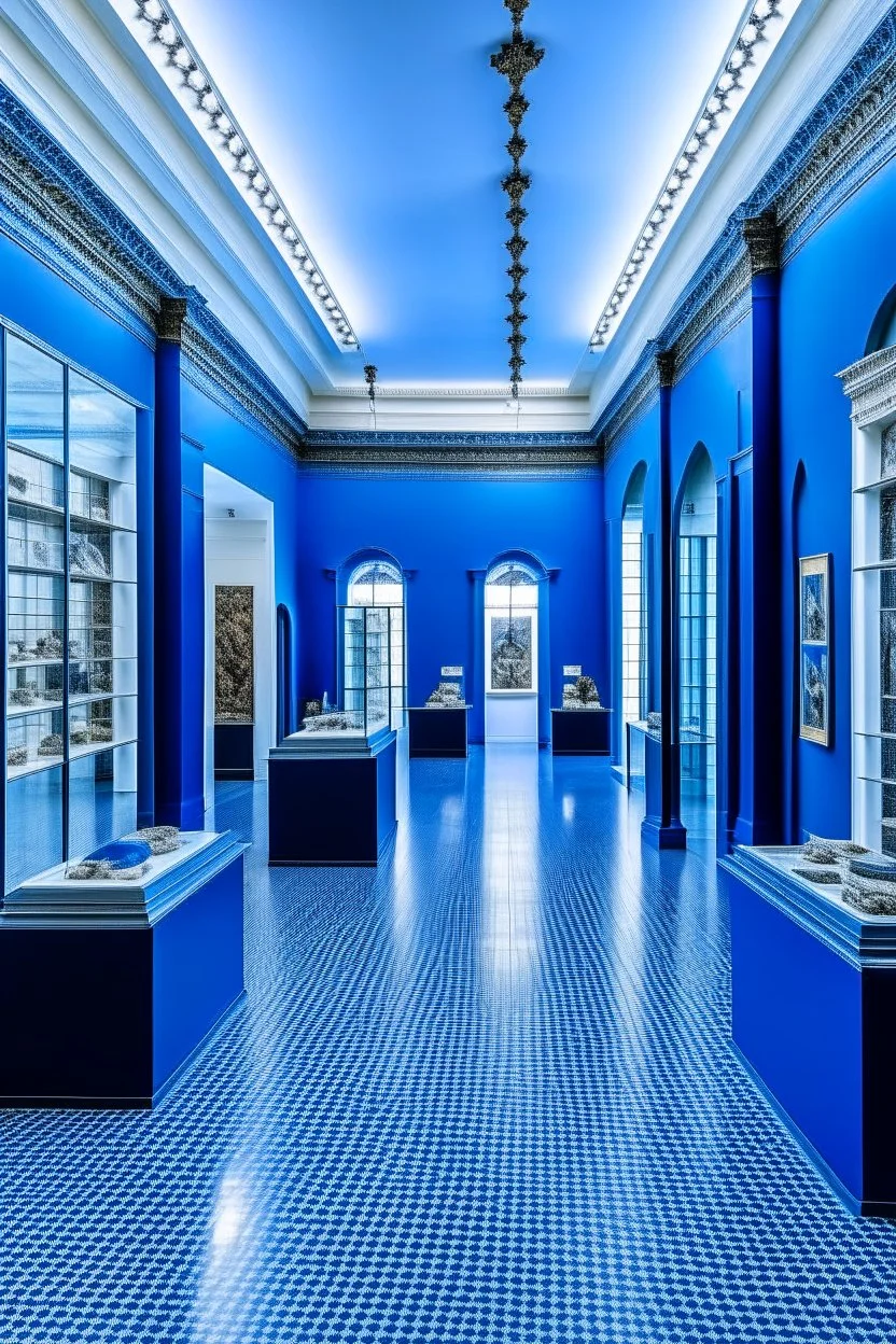 A bazaar in a museum with blue walls and a white floor