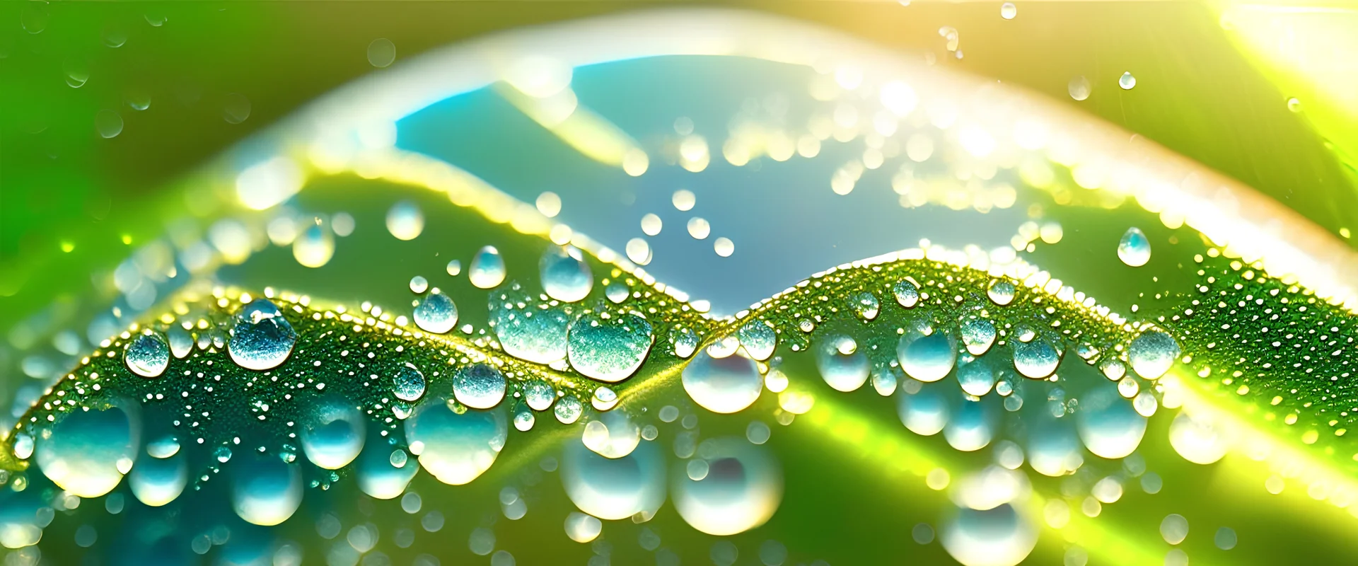 Beautiful water drops sparkle in sun on leaf in sunlight, macro. Big droplet of morning dew outdoor, beautiful round bokeh. Amazing artistic image of purity of nature.