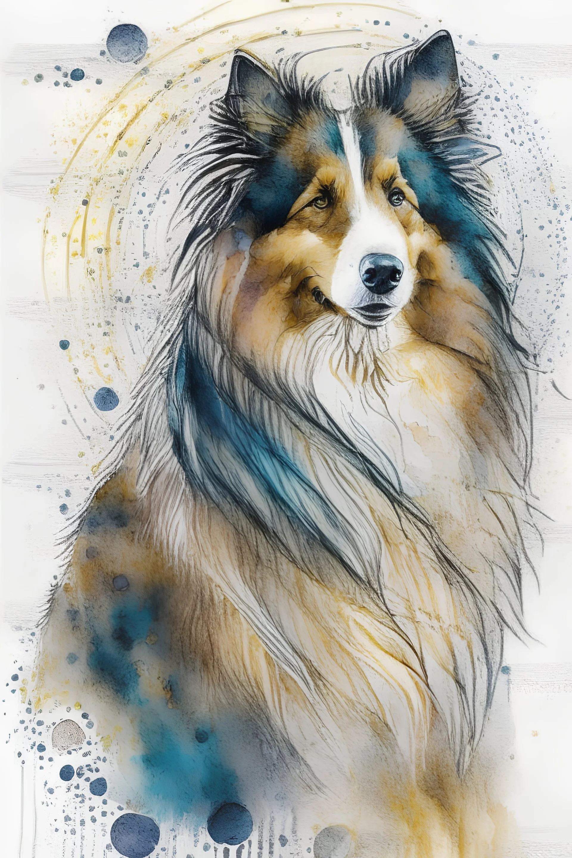 Abstract wet watercolour of a rough collie, ink lines, interlinked circles,detailed focus on eyes