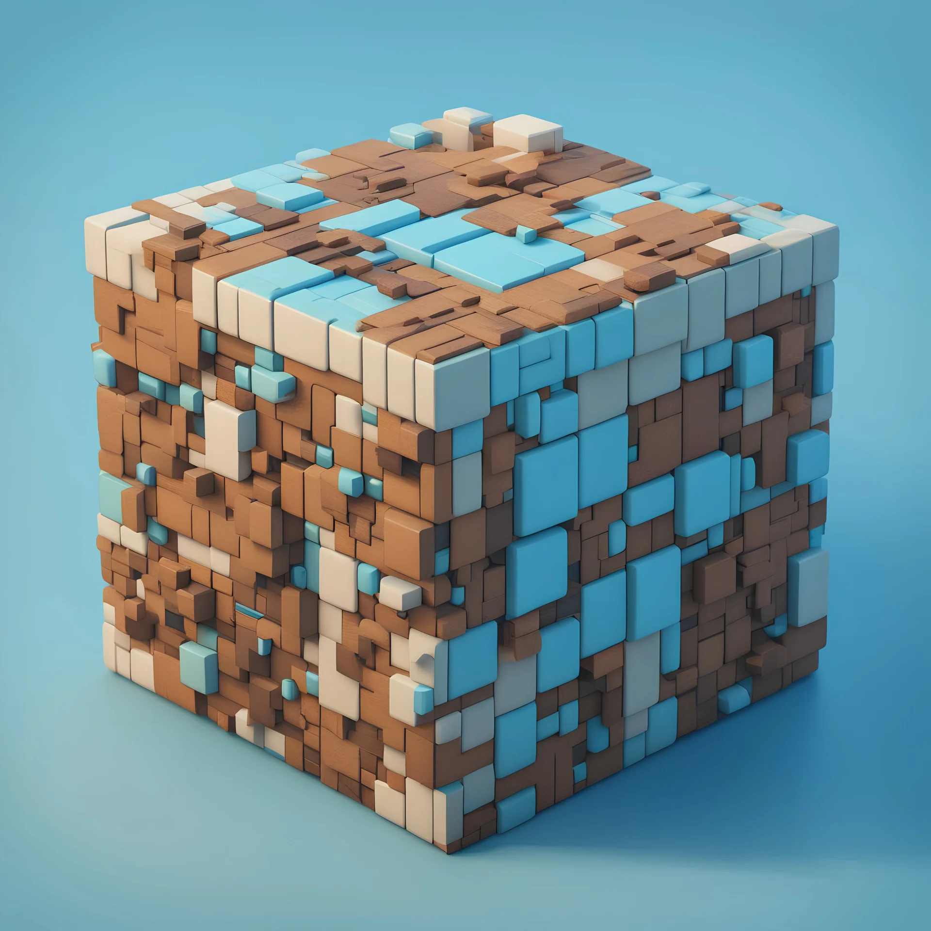 a cube of heaven, high quality, retro pixel art, shades of sky blue and earthy natural colors, octane render, sci fi - medieval, peaceful, anti-aliasing, 4k render, top side angle