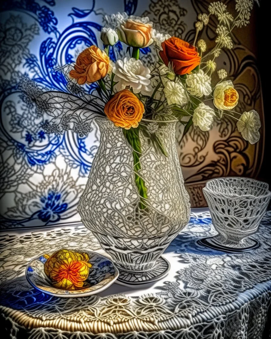 1912 style cubism of lace flowers in a lace vase on a lace table