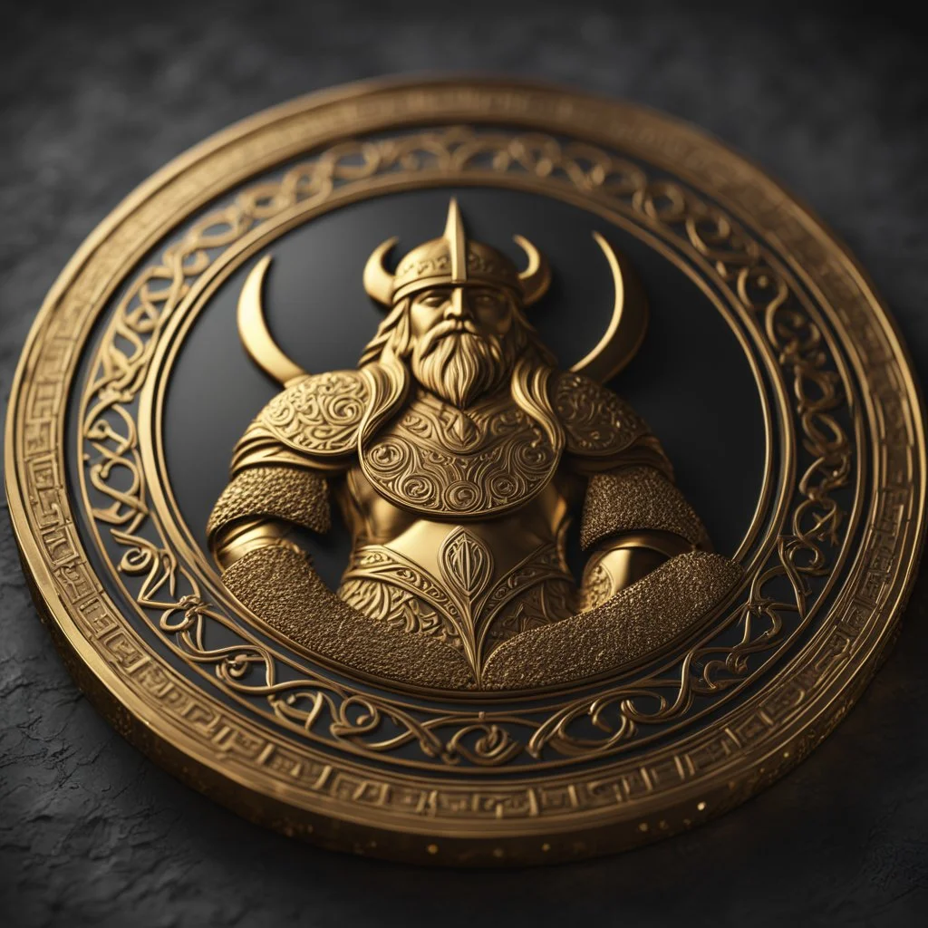 a single gold coin standing on edge. viking design. kings portrait. Coin's name is a Gold Sun. show one coin at a distance. show whole coin. fantasy concept art, exquisite realism, a masterpiece, dynamic lighting, hyper detailed, intricately detailed, deep color, Unreal Engine, volumetric lighting , Epic cinematic brilliant stunning intricate meticulously detailed dramatic atmospheric maximal,