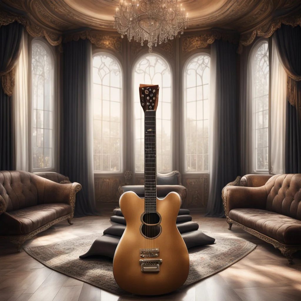 Hyper Realistic extremely-fancy-guitar standing on a floor of a fancy castle lounge with beautiful windows & velvet-curtains-with-musical-notes-printed-on-curtain