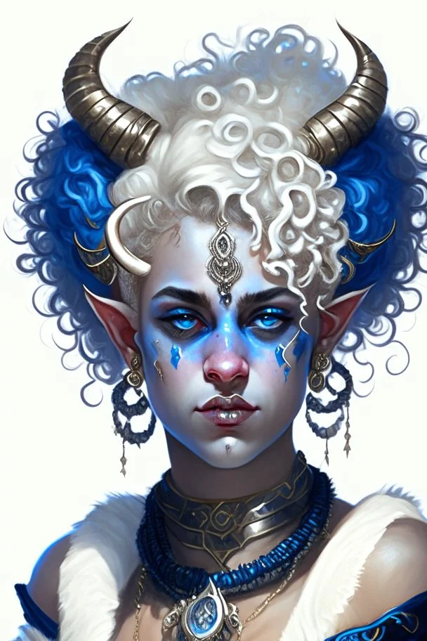 A young tiefling woman with a set of ram horns on her head encrusted with jewels, White-Blonde, short curly hair, black eyes, dressed in white and blue with lots of jewelry, beautiful