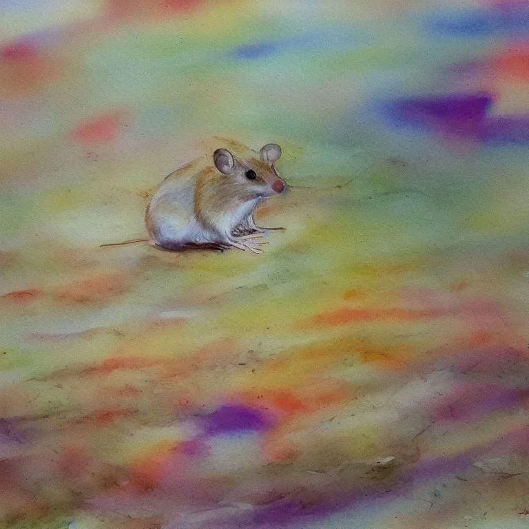 white Field mouse mountains drinking water at sunrise water color vibrant cute