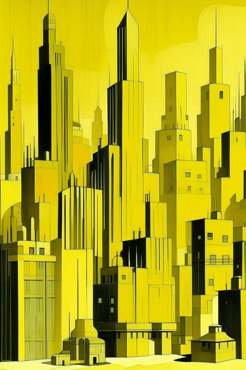 A yellow short city with battery shaped buildings painted by Lyonel Charles Feininger