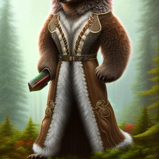 crazy detail, forest background, two characters, a bear and the upper body of grand scam sleazy lady in robes and gloves, lively eyes,hidden hands, framed by foliage, brown eyes, long hair, warm light,helmet, holding up scroll