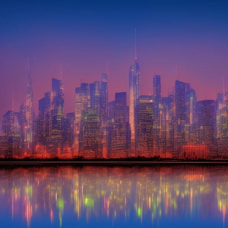 City skyline at dusk with reflections"