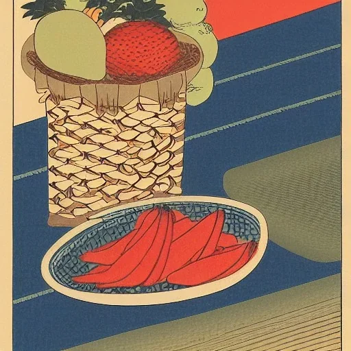 Ukiyo-e style illustration of fruit stilllife