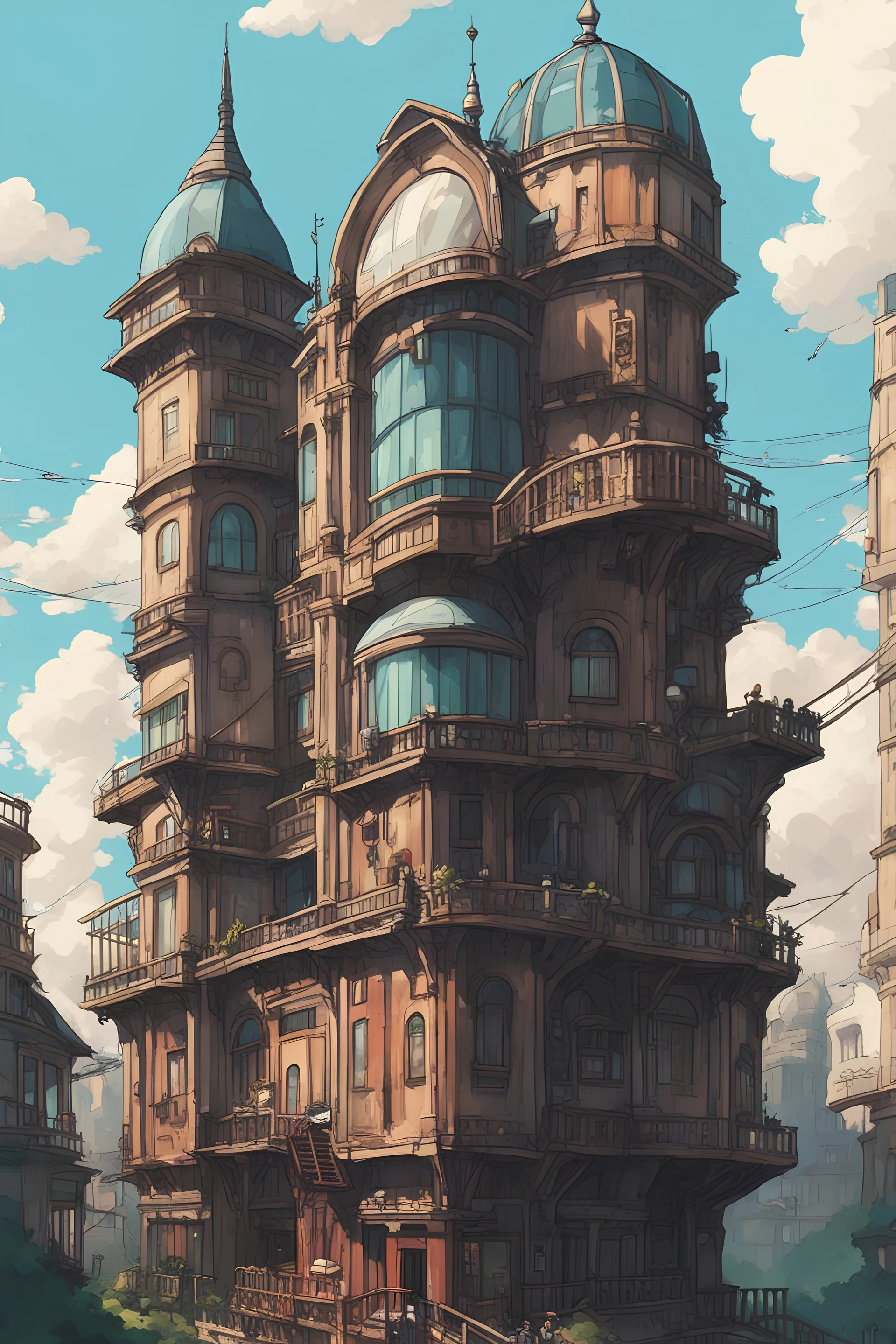 Big building, high railway, decopunk theme, ghibli artstyle