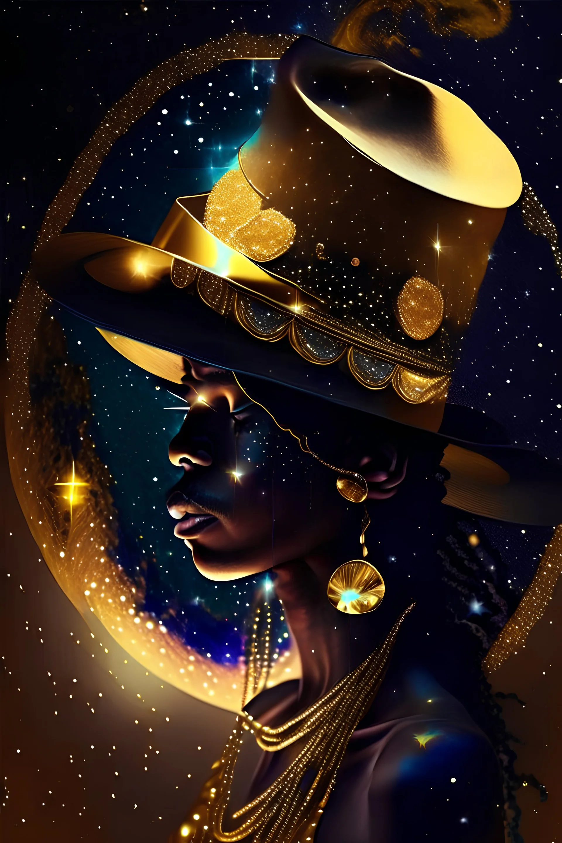 universe meets summer night, soulful, gold jewellery, hat, music,