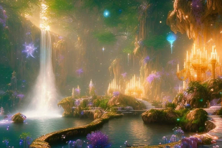  white and gold crystal cosmic ambiance，waterfall, full of details, smooth, bright sunshine，soft light atmosphere, light effect，vaporwave colorful, concept art, smooth, extremely sharp detail, finely tuned detail, ultra high definition, 8 k, unreal engine 5, ultra sharp focus