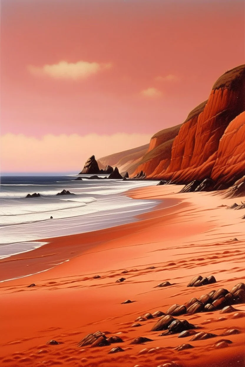 A light rosy orange colored beach near cliffs painted by Frank Wilson