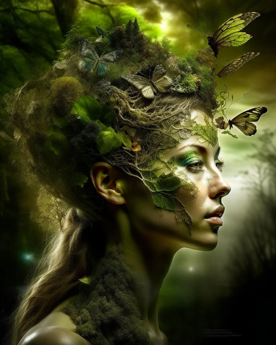 a metamorphosis scene where a woman is transforming into a creature or merging with nature. Emphasize the details of the transformation process, incorporating elements of both the human and the fantastical