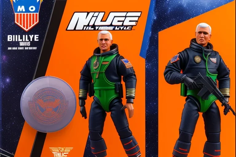 Mike Pence G.I. Joe toy Doll With a gun and Space force uniform inside blister packaging hanging on a Wallrack in toystore, fluorescent orange, wide angle shot whole body, black boots, laser, bright green pricetag, fullsize