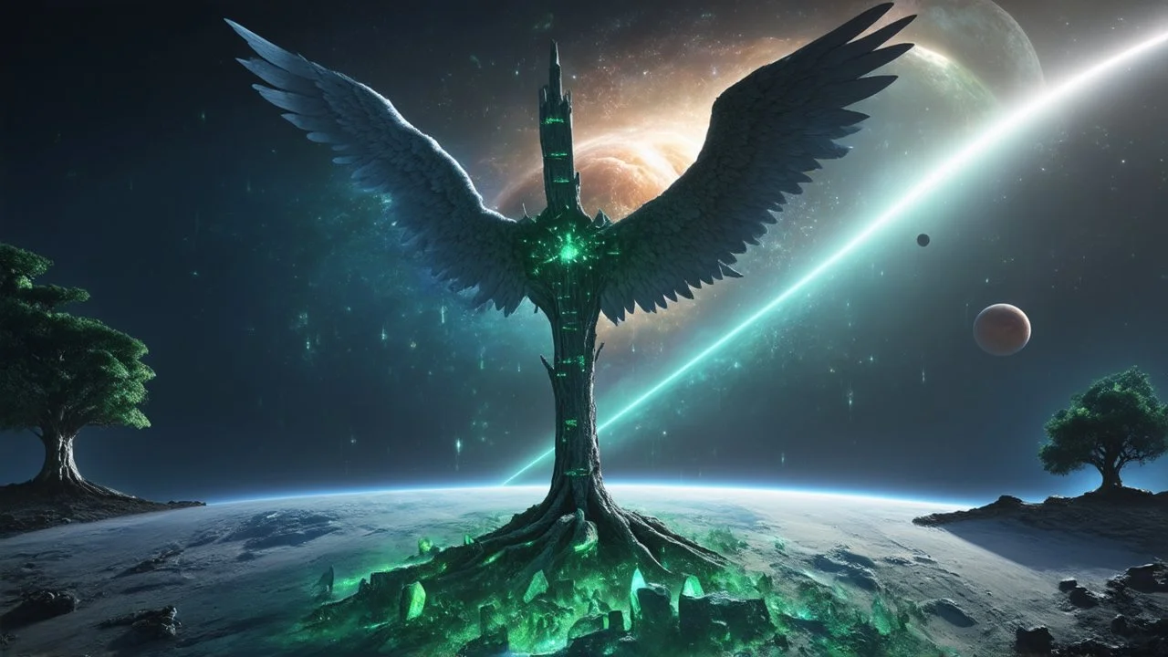 matrix universe, space, planets, god creation, angels from other dimensions with beautiful wings, trees on the planet, behind green crystals of light, few tiberium monolith deposits on the planet near tree,