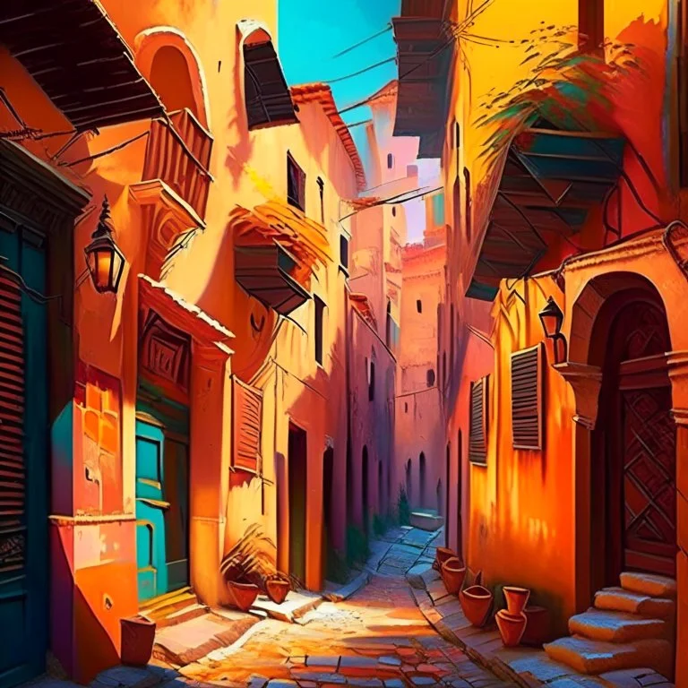 Paint an ancient city with narrow streets and old buildings. Use warm and bright colors to create a sense of nostalgia